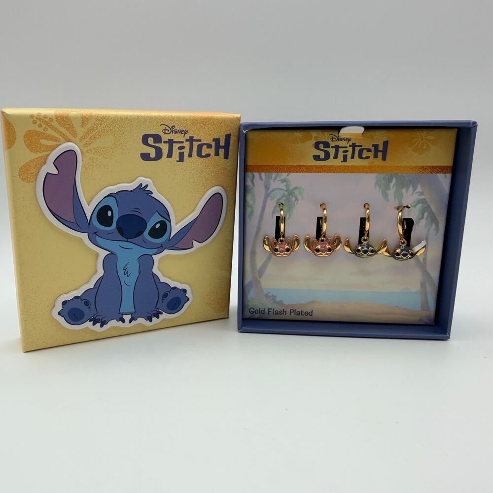 Disney Stitch & Angel Hoop Earrings 2 Pair Set Gold Flash Plated Boxed